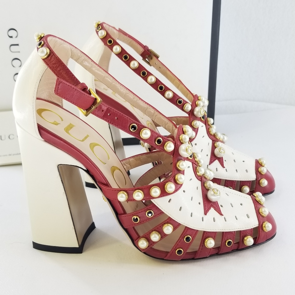 Gucci Tracy Red White Embellished Heels Sz 36